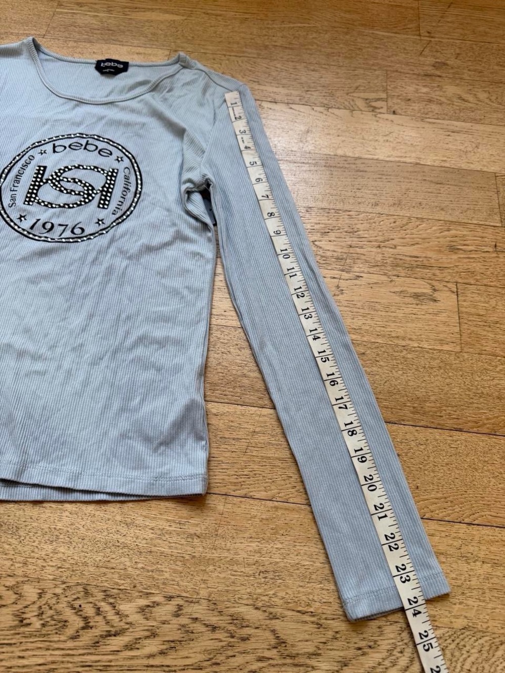 Y2K Bebe Ribbed Rhinestone Logo Long Sleeve Top - Picture 5 of 5